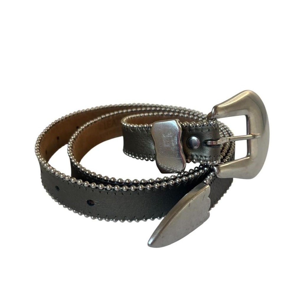 Leather Rock Genuine Leather Beaded‎ Edge Belt Black Silver Hardware 44"